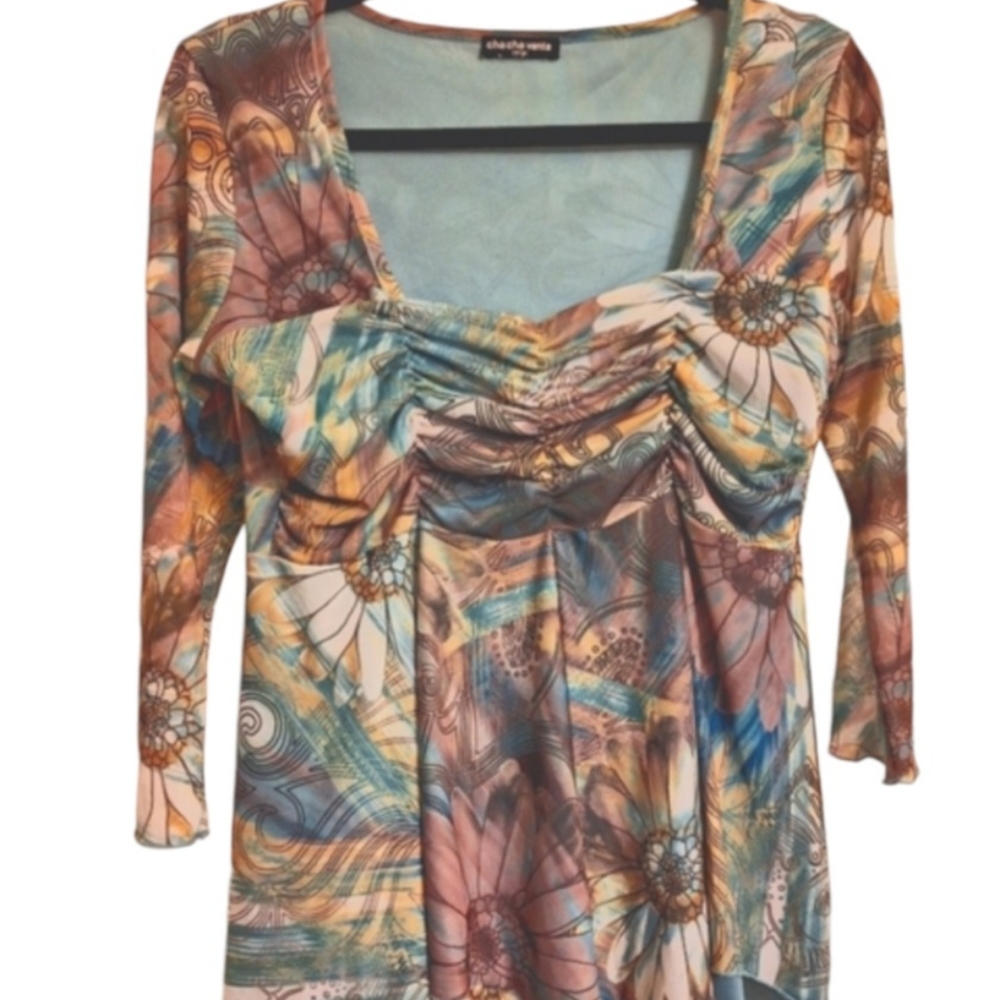 ❤️Vente Women's Size Large Blouse Top Shirt Light Blue with Soft Pastels Floral